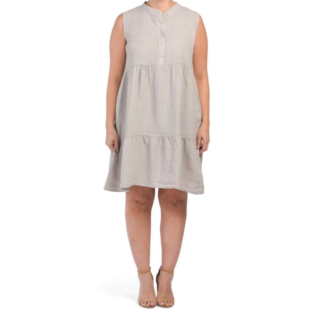 NWT BELLAMBRA Women's Plus Made In Italy Linen Split Neck Tiered Midi Dress